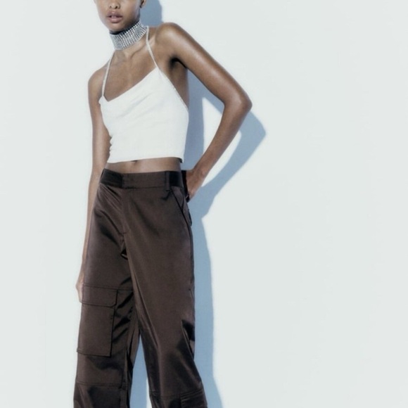 Zara Rich Chocolate Brown High-Rise Cargo Pants | Pockets | 6 | Satin - Picture 3 of 13